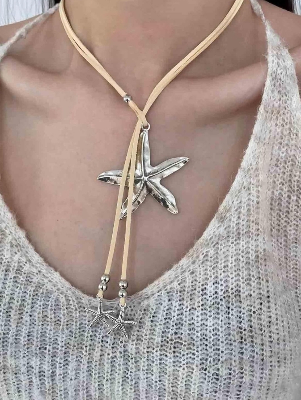 Beige Suede Cord Necklace with Silver Starfish Pendant. NWT in Package